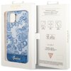 Opakowanie zawiera etui na telefon z niebieskim wzorem przypominającym porcelanę oraz logo "Guess" na dole. Na opakowaniu widnieją napisy: "Mobile phone accessory", "Drop protection", "Slim profile", "Easy snap-on", oraz logo "Guess" z datą "Est 1981".