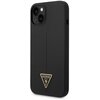 Czarne etui na telefon z widocznym logo w kształcie trójkąta z napisem "GUESS U.S.A." i znakiem zapytania. Etui ma wycięcia na aparat i przyciski boczne.