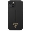 Czarne etui na telefon z wycięciem na aparat, posiada trójkątne logo z napisem "GUESS U.S.A." i symbolem zapytania. Etui ma gładką powierzchnię z pionowym rowkiem biegnącym przez środek.