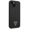 Czarne etui na telefon z dwoma otworami na aparat oraz jednym na lampę błyskową. Na dole etui znajduje się złote logo w kształcie trójkąta z napisem "GUESS U.S.A".
