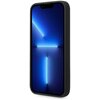 Czarne etui na telefon z widocznym ekranem, na którym wyświetlany jest niebieski wzór z jasnymi liniami. Etui ma gładką powierzchnię i zaokrąglone krawędzie.