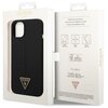 Czarne etui na telefon z logo "GUESS" w kształcie trójkąta jest umieszczone w białym opakowaniu z przezroczystym frontem. Na opakowaniu widnieją napisy: "Mobile phone accessory", "Drop protection", "Slim profile", "Easy snap-on", oraz logo "GUESS" i infor