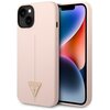 Różowe etui na telefon z widocznym logo "GUESS USA" w kształcie trójkąta umieszczonym na dole. Etui jest założone na telefon, którego ekran wyświetla kolorową grafikę.