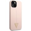 Różowe etui na telefon z widocznym logo "GUESS" w kształcie trójkąta umieszczonym na dole. Etui ma gładką powierzchnię z delikatnym pionowym rowkiem biegnącym przez środek.