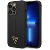 Czarne etui na telefon z widocznym logo w kształcie trójkąta z napisem "GUESS U.S.A." i znakiem zapytania. Obok etui znajduje się telefon z wyświetlaczem pokazującym niebieski wzór świetlny.