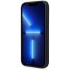 Czarne etui silikonowe na telefon, dopasowane do modelu Apple iPhone 14 Pro Max, z widocznym wycięciem na aparat i przyciski. Na ekranie telefonu wyświetla się abstrakcyjna grafika z niebieskimi liniami i punktami świetlnymi na ciemnym tle.