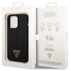 Czarne etui na telefon z logo "GUESS" w kształcie trójkąta znajduje się w białym opakowaniu z przezroczystym frontem. Na opakowaniu widnieje tekst: "Mobile phone accessory", "Drop protection", "Slim profile", "Easy snap-on", oraz logo "GUESS" i informacje