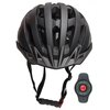 Czarny kask rowerowy z wyraźnymi otworami wentylacyjnymi i regulowanym paskiem pod brodą, obok znajduje się okrągły pilot z czerwonym przyciskiem. Na kasku widoczne jest logo "LIVALL".