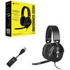 Na zdjęciu widoczne są czarne słuchawki nauszne z mikrofonem oraz żółte opakowanie z napisem "HS55 SURROUND" i logo "CORSAIR". Obok znajduje się adapter USB z logo producenta.