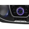 Czarny panel radioodtwarzacza z widocznymi przyciskami: FUN, ENTER, EQ/RPT, MENU/INFO, oraz pokrętłem VOLUME z niebieskim podświetleniem. Na dole znajdują się gniazda oznaczone jako USB, AUX i symbol słuchawek.