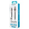 Opakowanie kabla USB-USB-C marki FOREVER Tornado 3A 1 m w kolorze czarnym, z widocznymi końcówkami kabla oraz napisami: "3A current", "Tornado", "Sync & Charging USB Cable with USB Type-C connector". Na opakowaniu znajduje się również logo FOREVER MOBILE oraz adres strony internetowej www.forever.eu.
