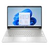 Na zdjęciu widoczny jest srebrny laptop z otwartym ekranem, na którym wyświetlony jest pulpit systemu Windows 11 z menu Start. Na obudowie poniżej ekranu znajduje się logo HP.
