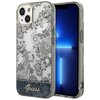 Etui na telefon z szarym, kwiatowym wzorem i przezroczystymi bokami, obok którego znajduje się telefon z niebieskim ekranem. Na dole etui widnieje napis "Guess".