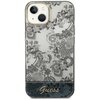Etui na telefon z szarym, kwiatowym wzorem w stylu porcelanowym, ozdobione delikatnymi motywami roślinnymi. Na dole etui znajduje się napis "Guess" w eleganckim, złotym kolorze.