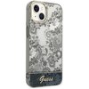 Etui na telefon z szarym, kwiatowym wzorem w stylu porcelanowym, przeznaczone do Apple iPhone 14 Plus. Na dole etui znajduje się napis "Guess" w eleganckim, złotym kolorze.