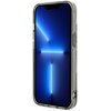 Przezroczyste etui na telefon z szarymi akcentami, dopasowane do modelu Apple iPhone 14 Plus. Na ekranie telefonu widoczna jest niebieska, abstrakcyjna grafika z jasnymi liniami i punktami świetlnymi.