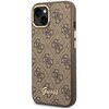 Brązowe etui na telefon z wzorem 4G i złotym logo "Guess" na dole. Etui jest przeznaczone do Apple iPhone 14 Plus i ma wycięcia na aparat oraz przyciski.