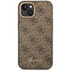 Brązowe etui na telefon z wzorem 4G i złotym logo "Guess" na dole. Etui jest przeznaczone do Apple iPhone 14 Plus.