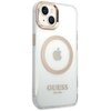 Przezroczyste etui na telefon z widocznym złotym obramowaniem wokół logo Apple oraz napisem "GUESS EST. 1981" na dole. Etui jest przeznaczone do modelu iPhone 14 Plus i posiada funkcję MagSafe.