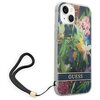 Przezroczyste etui na telefon z kolorowym, kwiatowym wzorem oraz czarnym paskiem z napisem "GUESS". Do etui przymocowany jest czarny pasek na nadgarstek z metalowym elementem.