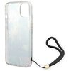 Przezroczyste etui na telefon z delikatnym kwiatowym wzorem, przeznaczone do modelu Apple iPhone 14 Plus, jest wyposażone w czarny pasek z metalowym zakończeniem. Na etui nie ma widocznych napisów ani logo producenta.