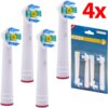 Na zdjęciu widoczne są cztery białe końcówki szczoteczki z kolorowymi włóknami oraz opakowanie z napisem "EB18-P COMPATIBLE WITH LEADING POWER TOOTHBRUSH". W prawym górnym rogu znajduje się duży czerwony napis "4x".
