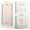 Opakowanie zawiera różowe etui do telefonu z wzorem 4G i złotym logo "Guess" na dole. Na wewnętrznej stronie opakowania widnieje tekst "Mobile phone accessory" oraz piktogramy przedstawiające funkcje etui, takie jak ochrona przed upadkiem, smukły profil i
