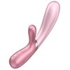 Różowy wibrator o ergonomicznym kształcie z dwoma ramionami, z których jedno jest dłuższe i zakrzywione. Na krótszym ramieniu znajdują się trzy symbole: dwie fale, termometr i ponownie fale.