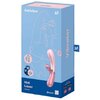 Niebieskie opakowanie z różowym wibratorem na froncie, z napisem "Satisfyer" i logo "SF" na górze. Na opakowaniu znajdują się także napisy: "Vibrator", "Hot Lover", "Bluetooth", oraz ikony wskazujące na kompatybilność z aplikacją.