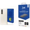 Opakowanie produktu "3mk FlexibleGlass Lite" do Samsung Galaxy Z Fold 4 jest widoczne obok telefonu z nałożonym szkłem ochronnym. Na opakowaniu znajdują się napisy: "basic protection FlexibleGlass Lite™", "FlexibleGlass Lite™", oraz ikony certyfikatów i t
