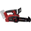 Czerwona piła łańcuchowa z czarnymi i szarymi elementami, z widocznym logo "Einhell Professional" na obudowie oraz napisem "20 CM" na prowadnicy. Produkt posiada ergonomiczny uchwyt i miejsce na akumulator, a na prowadnicy widnieje również logo "OREGON Ch