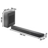 Na zdjęciu znajduje się czarny soundbar oraz subwoofer. Soundbar ma wymiary 940 mm długości, 106 mm szerokości i 65 mm wysokości, a subwoofer ma wymiary 309 mm długości, 150 mm szerokości i 410 mm wysokości. Na soundbarze widoczny jest napis "ATMOS".