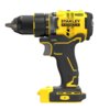 Na zdjęciu znajduje się żółto-czarna wiertarko-wkrętarka akumulatorowa z widocznymi napisami "STANLEY FATMAX" oraz "V20 LITHIUM ION". Produkt ma ergonomiczny uchwyt i regulację momentu obrotowego.