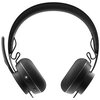 Czarne słuchawki nauszne z mikrofonem, posiadające przycisk z napisem "MIC" oraz widoczne logo "LOGITECH". Na jednej z muszli znajduje się mała dioda.