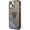 Przezroczyste etui na telefon z czarnymi krawędziami, wypełnione srebrnym brokatem, który swobodnie przesuwa się wewnątrz. Na środku widoczne jest logo w kształcie trójkąta z napisem "GUESS" oraz palmą.