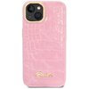 Różowe etui na telefon z fakturą przypominającą skórę krokodyla, przeznaczone dla modelu Apple iPhone 14 Plus. Na dole etui znajduje się złote logo z napisem "Guess".