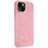 Różowe etui na telefon z kolekcji Croco Collection ma teksturę przypominającą skórę krokodyla. Na dole etui znajduje się złote logo z napisem "Guess".