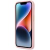 Różowe etui na telefon z kolekcji Croco Collection, przeznaczone dla Apple iPhone 14 Plus, prezentuje elegancki design z delikatnym połyskiem. Na ekranie telefonu widoczny jest gradientowy motyw w odcieniach niebieskiego, różowego i pomarańczowego.