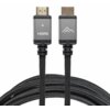 Czarny kabel HDMI o długości 1,5 metra z dwoma wtyczkami, z których jedna ma napis "HDMI" i strzałkę, a druga logo w kształcie góry. Kabel jest opleciony materiałem, co nadaje mu wytrzymały wygląd.