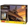 Opakowanie puzzli 3D przedstawia Wieżę Eiffla na tle zachodzącego słońca, z widocznym logo National Geographic oraz napisem "Paris". Na dole opakowania znajduje się informacja o 80 elementach, logo CubicFun oraz ostrzeżenie o małych częściach.