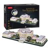 Pudełko przedstawia model 3D Białego Domu z napisem "3D PUZZLE OF THE WHITE HOUSE WASHINGTON D.C. USA" oraz logo "CubicFun". Na opakowaniu widnieją informacje: "LED", "151 PCS", "10+" i ostrzeżenie "WARNING: CHOKING HAZARD - Small parts. Not for children 