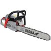 Na zdjęciu znajduje się piła spalinowa z widocznym napisem "DEDRA" na prowadnicy oraz oznaczeniem "20'' 500mm". Piła ma czarno-szaro-czerwoną kolorystykę, a na obudowie widoczne są dodatkowe oznaczenia i etykiety.