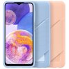Na zdjęciu widoczne jest niebieskie etui na telefon z miejscem na kartę, obok którego znajduje się podobne etui w kolorze brzoskwiniowym. Na etui widoczny jest napis "SAMSUNG".