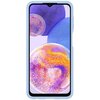 Etui w kolorze niebieskim jest założone na smartfon, którego ekran wyświetla kolorową grafikę z abstrakcyjnymi, kulistymi kształtami w odcieniach fioletu, pomarańczu i różu. Na zdjęciu nie ma widocznych napisów ani logo producenta.