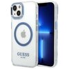 Przezroczysto-niebieskie etui na telefon z widocznym logo w kształcie jabłka oraz napisem "GUESS EST. 1981" na dole. Etui posiada okrągły wzór na środku, a w tle widoczny jest ekran telefonu z niebieskim motywem świetlnym.