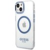 Przezroczysto-niebieskie etui na telefon z widocznym logo w kształcie jabłka oraz niebieskim okręgiem wokół niego. Na dole etui znajduje się napis "GUESS EST. 1981".