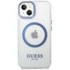 Przezroczysto-niebieskie etui na telefon z widocznym logo w kształcie nadgryzionego jabłka oraz niebieskim okręgiem wokół niego. Na dole etui znajduje się napis "GUESS EST. 1981".