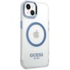 Przezroczysto-niebieskie etui na telefon z widocznym logo "GUESS" oraz napisem "EST. 1981" na dole. Na środku znajduje się niebieski okrąg z wycięciem na logo Apple.
