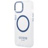Przezroczyste etui na telefon z niebieskimi akcentami, w tym okręgiem na środku i obramowaniem wokół otworu na aparat. Na dole widnieje napis "GUESS EST. 1981".