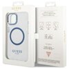 Przezroczysto-niebieskie etui na telefon z dużym okręgiem i napisem "GUESS EST. 1981" znajduje się w otwartym opakowaniu. Na wewnętrznej stronie opakowania widoczne są piktogramy z napisami: "DROP PROTECTION", "SLIM PROFILE", "EASY SNAP-ON" oraz informacj